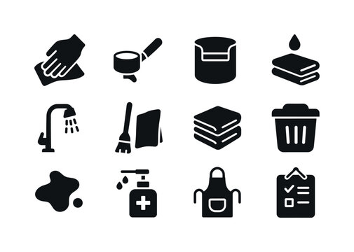 Barista Cleanup Icons. Barista cleanup. Solid icon set of barist