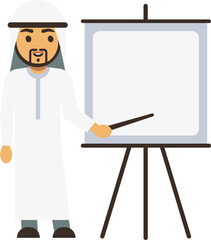 A man in a white robe stands in front of a white board with a pointer