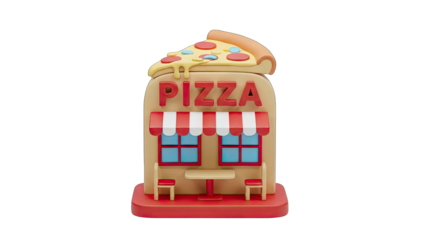 Whimsical 3D Pizza Shop Building With a Giant Pizza Slice On Top And Outdoor Seating In Cartoon Style With A Transparent Background