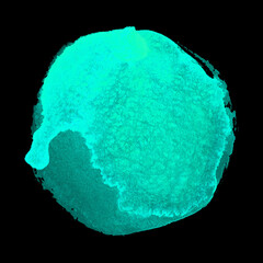 Round green and blue watercolor frame, circle shape form isolated on black background. Handmade technique