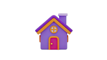 Whimsical Cartoon Style Purple House With Orange Roof and Chimney Isolated on Black Background