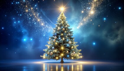 Festive Christmas tree design with bright lights and stars on a winter blue background for a holiday greeting card