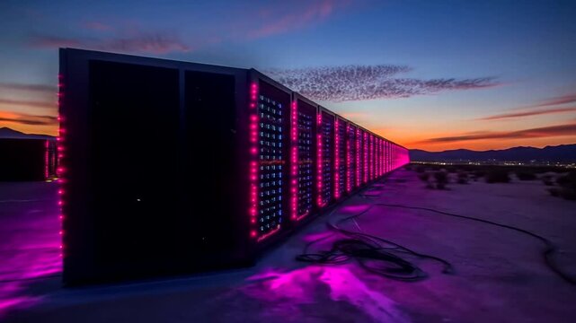 Massive Server Farm Illuminated by Sunset and Purple Lights.