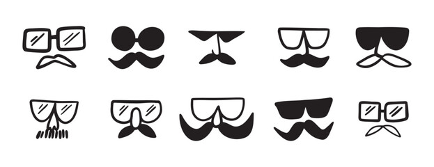 glasses and mustache male funny comic icon doodle hand drawn icon set. Outline drawing line clipart symbol collection