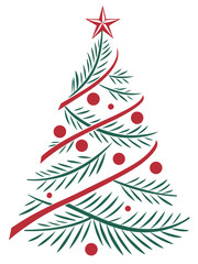 Obraz premium Minimalist Christmas tree made of pine branches, red ornaments, and a spiral ribbon topped with a geometric star.