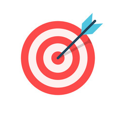Arrow hitting a target icon in flat style. Success goal vector illustration on isolated background. Darts game sign business concept.