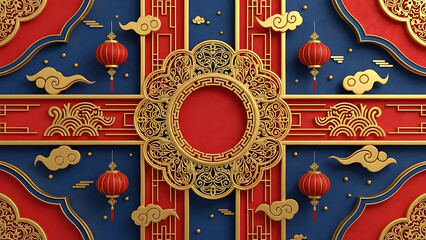 Traditional Chinese New Year background with golden ornaments, red lanterns and blue details