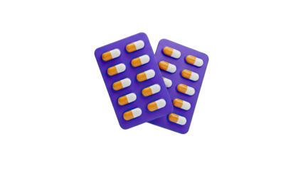 Two Purple Blister Packs Containing Orange and White Capsules Against a Black Background