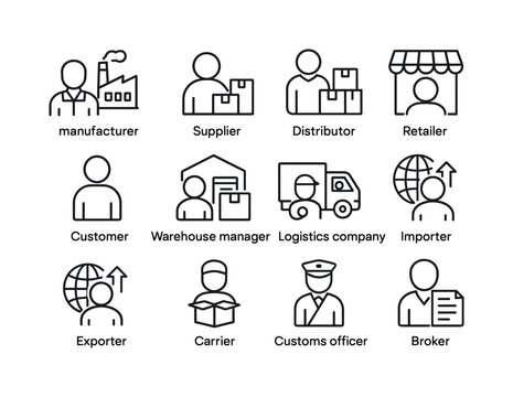 Supply Chain Icons. Supply chain stakeholders. Line icon set of