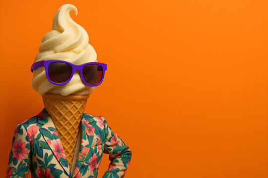 Ice cream cone character with purple sunglasses and floral blazer on orange background, humorous surreal dessert mascot for summer promotion, posters and branding
