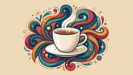 Steaming coffee cup on saucer with colorful artistic swirls and patterns.