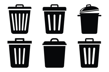 Set of trash bin icon silhouette vector art illustration