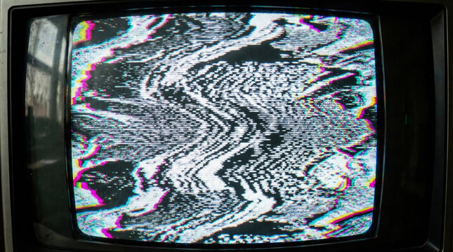 Macro view of vintage CRT TV screen displaying static white noise and distorted signal. Abstract analog glitch background with scanlines and bad reception interference