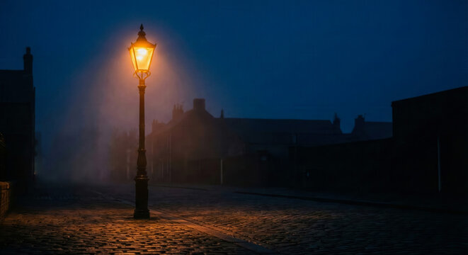  Illuminated vintage street lamp on cobblestone road in foggy town at night. Mysterious Victorian atmosphere with blue sky.