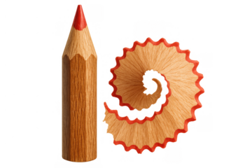 Red colored pencil with wood shavings creating a spiral shape, transparent background for art, drawing, and creativity concepts