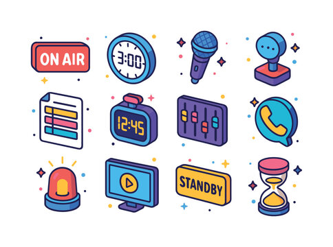 On-Air Icons Collection. On-Air Control. Colorful isometric vect