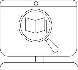 Magnifying glass focusing on an open book icon on computer screen.