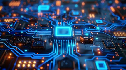 Digital circuit board glowing with animated blue neon flow