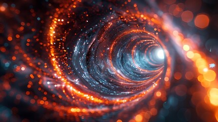 Digital mesh tunnel spiraling forward with neon highlights