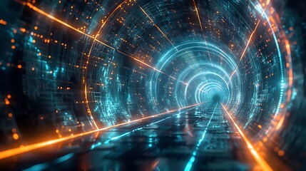 Obraz premium Digital mesh tunnel spiraling forward with neon highlights