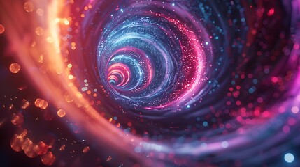 Digital mesh tunnel spiraling forward with neon highlights