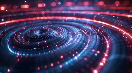 Fototapeta premium Futuristic pulse light grid forming concentric rings on dark surface