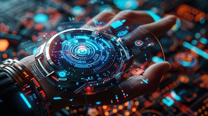 Futuristic smartwatch interface projected as hologram