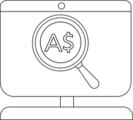 Financial analysis on a computer screen with a magnifying glass over dollar symbol.