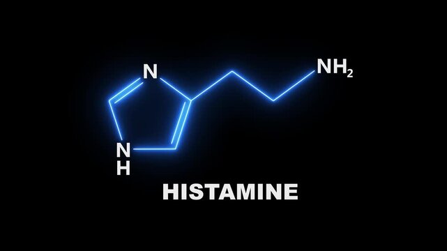 neon Histamine chemical structure and formula on black Background. glowing chemical formula of Histamine. Histamine Molecular Structure Symbol icon Animation. Histamine Molecule Structure icon.