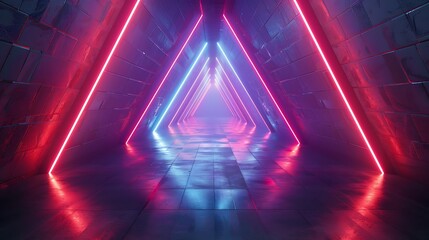 Neon geometric triangle tunnel effect glowing in 3d