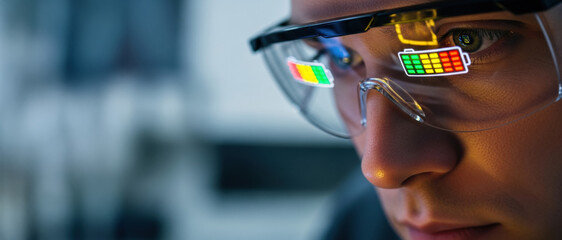Focused worker monitors renewable energy storage levels with futuristic augmented reality glasses showing battery icon. Technology for sustainable future