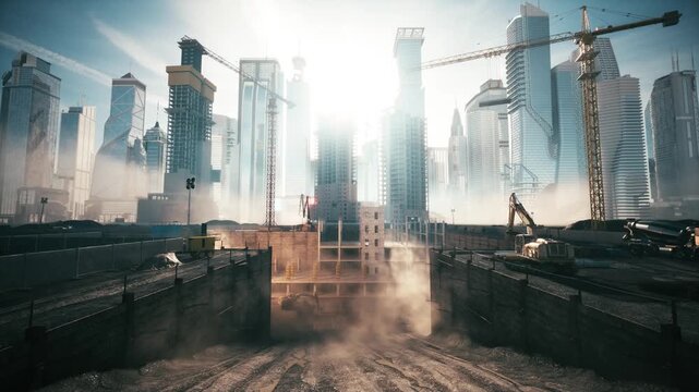 Construction of a modern city. Large construction site against the backdrop of modern skyscrapers. 3d render