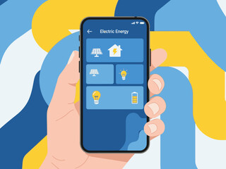 A hand interacts with a smartphone displaying solar energy data. A vibrant, modern design showcases renewable energy control. Bright colors and clean lines create a visually appealing interface.