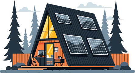 modern A-frame retreat blends nature and technology Solar panels a desk and a serene outdoor setting create a focus on sustainable living and digital work  Ideal for lifestyle and business visuals