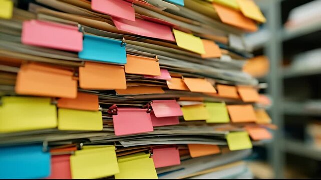 Close-up of a large stack of documents with colorful sticky notes attached to them.