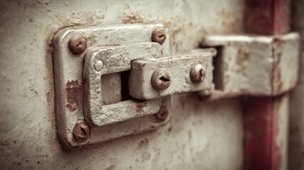 Close-up of weathered metal latch on an old weathered door