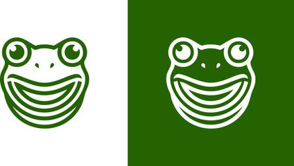 Cute frog face illustration, cartoon style, friendly expression, green and white background