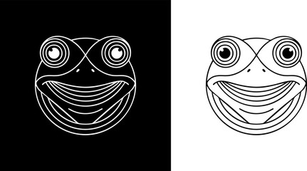 Stylized linear illustration of a cheerful frog's face, featuring a minimalist outline design suitable for a modern logo or icon, presented in contrasting black and white versions