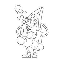 Groovy funny pizza slice smoking, line psychedelic hippie snack vector illustration