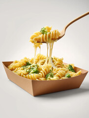 a brown cardboard tray of cheesy fusilli pasta with broccoli. 
