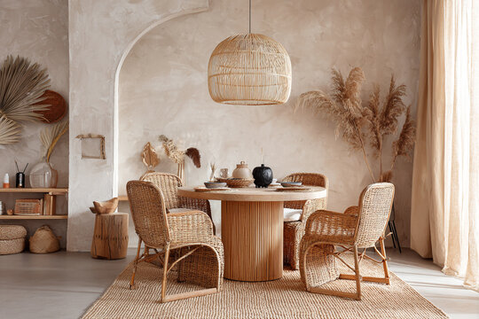 Cozy dining area with natural materials and bohemian decor featuring rattan chairs a round table and dried plant accents