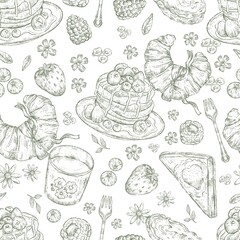 Blue Breakfast Toile Seamlee Pattern, Waffles, Croissants, Strawberry Pie, Berries