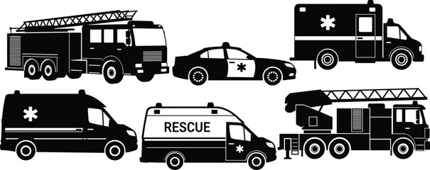 Emergency vehicle illustration, fire truck ladder, ambulance rescue van, police car icon, public safety transport, black silhouette vector graphic © MdMahmudul
