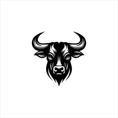 Bull head silhouette shaped into a strong black vector emblem design. Animal icon concept
