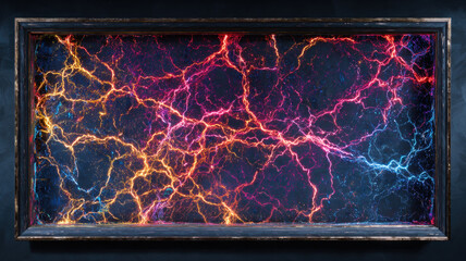 Dark Framed Abstract Glowing Pink Red Orange Neural Network Energy Web On Deep Blue Background Visualization