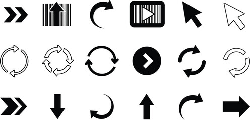 Arrow icons, cursor symbols, refresh signs, UI elements, black and white, minimal style, digital interface, navigation, motion, direction
