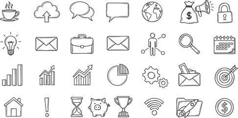 Business icons, productivity symbols, communication elements, finance illustrations, hand-drawn style, sketch icons, data charts, global network, startup visuals