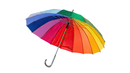A single colorful rainbow umbrella is open and isolated on a white background, offering summer protection from rain or sun