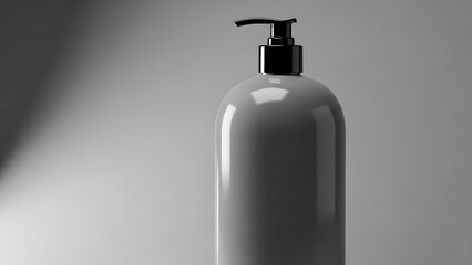 "sleek, high-quality shampoo bottle mockup, smooth plastic texture with a pump dispenser, shown with subtle lighting to highlight the product&rsquo;s features--v 6.1 --ar 16:9 --q 2"