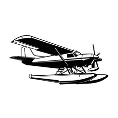 Vintage Seaplane Floatplane Propeller Aircraft Flying Machine Black and White Illustration.